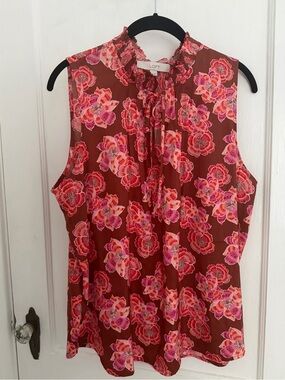 LOFT Floral Tie-Neck Sleeveless Top in Brown and Pink